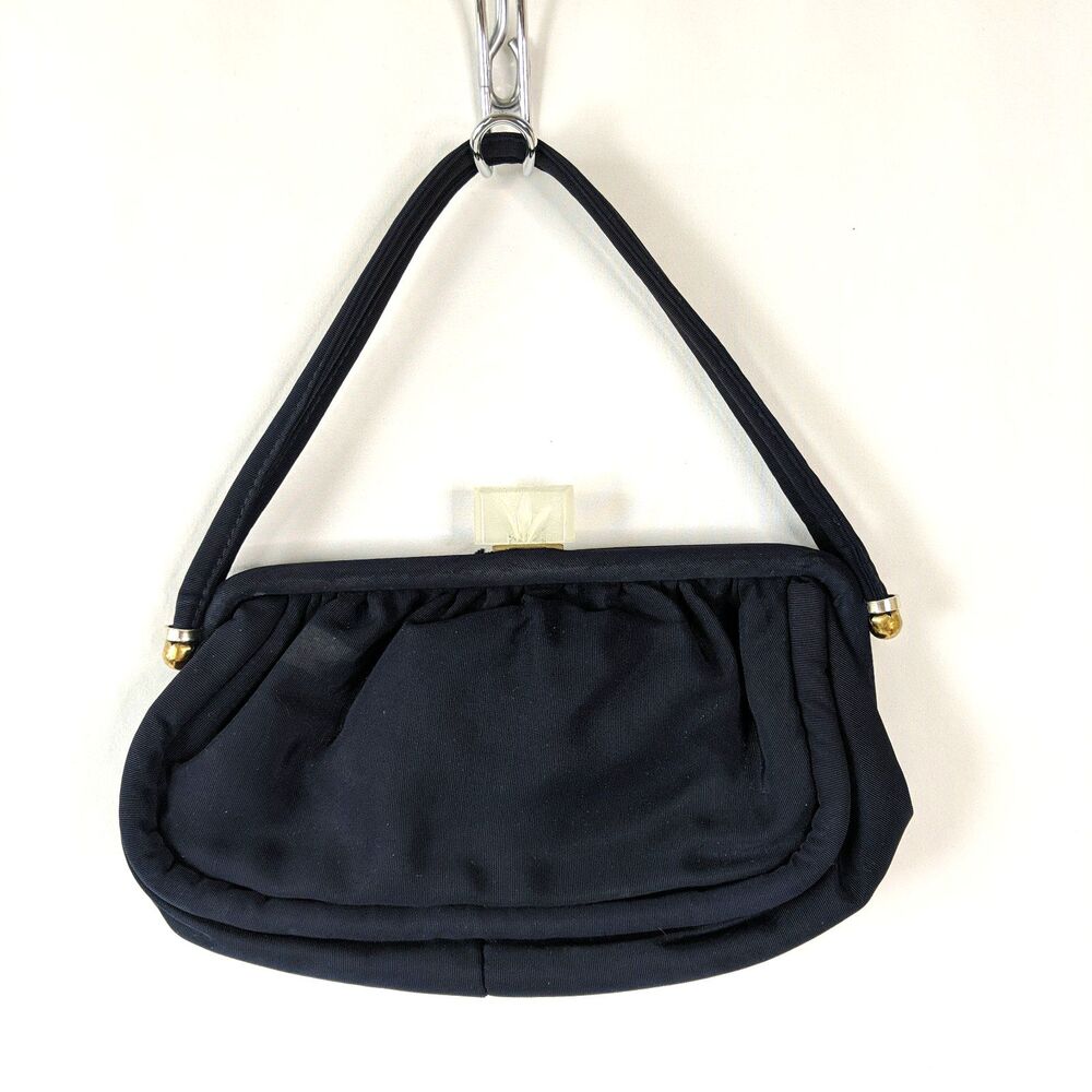 Vintage 1960's Lucite Closure Clear Navy Fabric Handled Bag Coin Purse